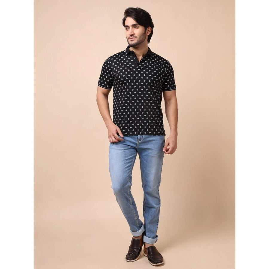 Black cotton printed polo neck half sleeve t-shirt with casual style