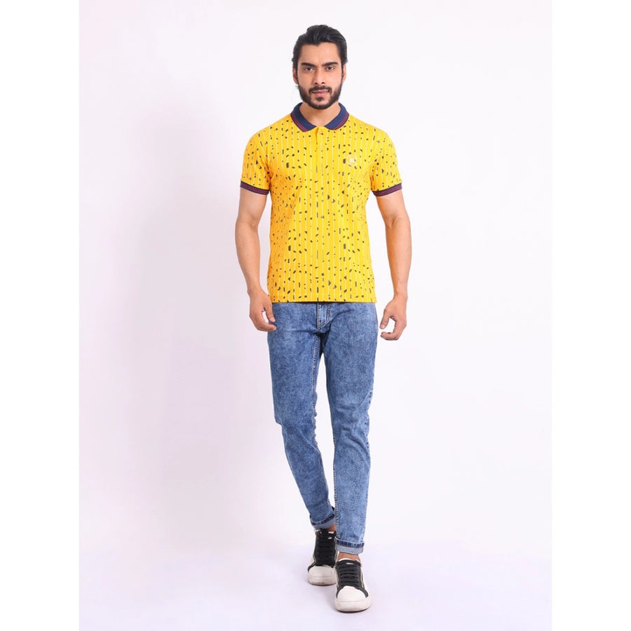 Men's casual cotton printed polo neck half sleeve t-shirt in turmeric color, vibrant pattern