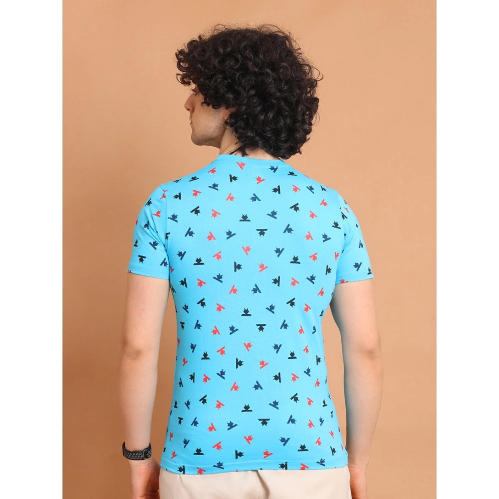Skyblue cotton printed round neck half sleeve casual t-shirt for men - fashionable clothing on model