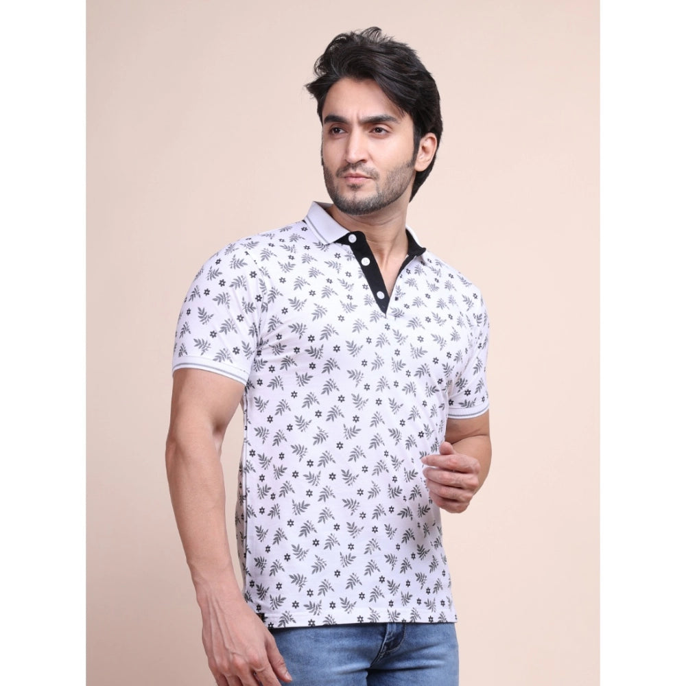 Men's casual cotton printed polo neck half sleeve t-shirt in white with stylish pattern on a clothing rack