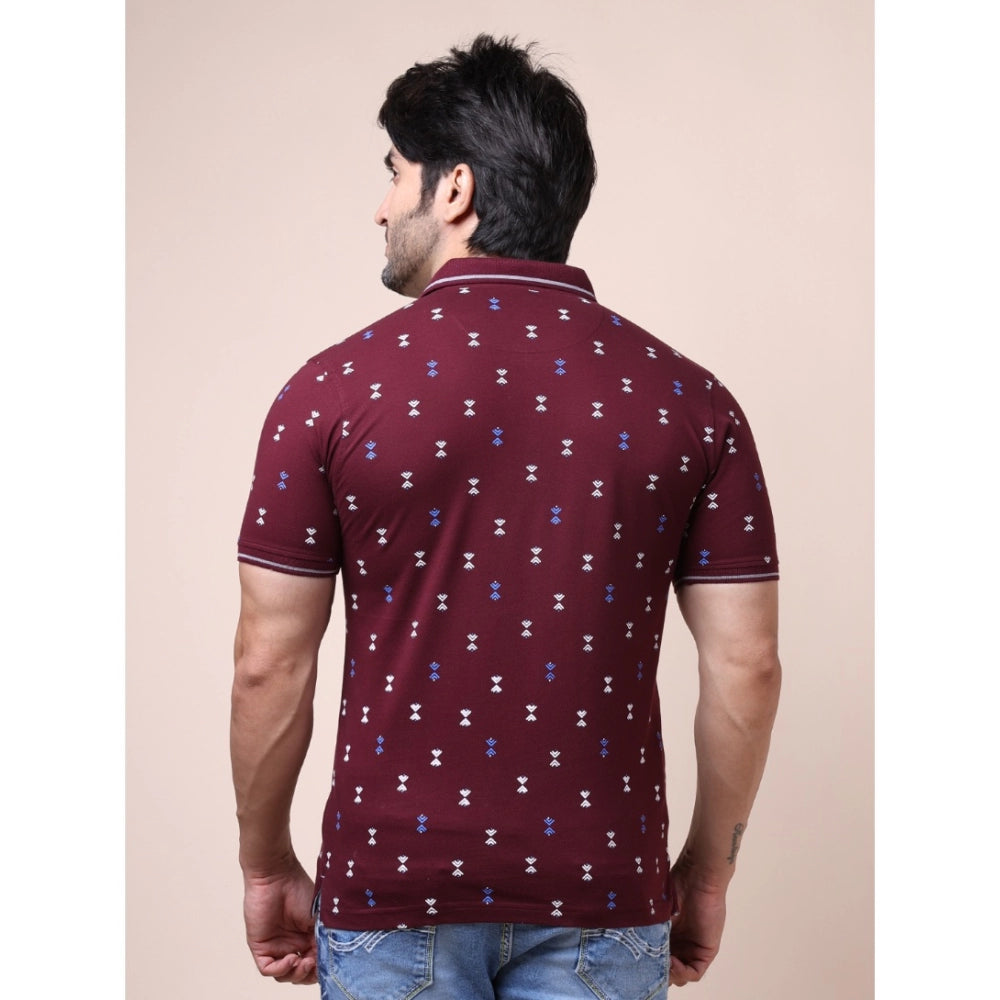 Plum cotton printed polo neck half sleeve men's casual t-shirt, vibrant design on display