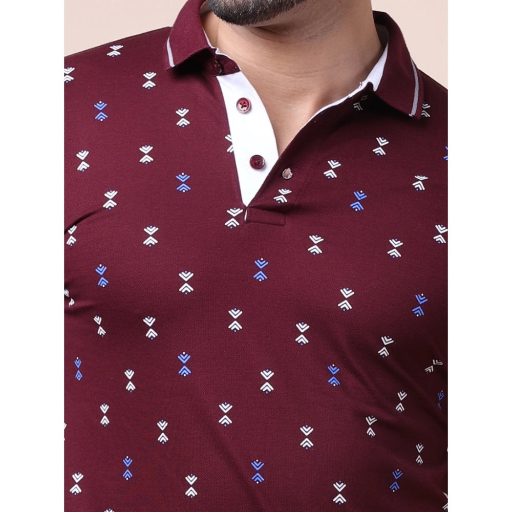 Plum cotton printed polo neck half sleeve men's casual t-shirt with vibrant design