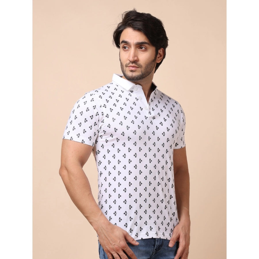 Men's casual cotton printed polo neck half sleeve white t-shirt with vibrant design on chest