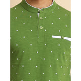 Men's Casual Cotton Printed Mandarin Collar Half Sleeve T-Shirt (Green)