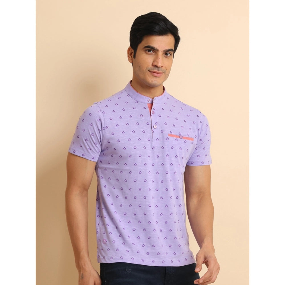 Lavender cotton printed mandarin collar half sleeve t-shirt for men, casual wear with vibrant pattern