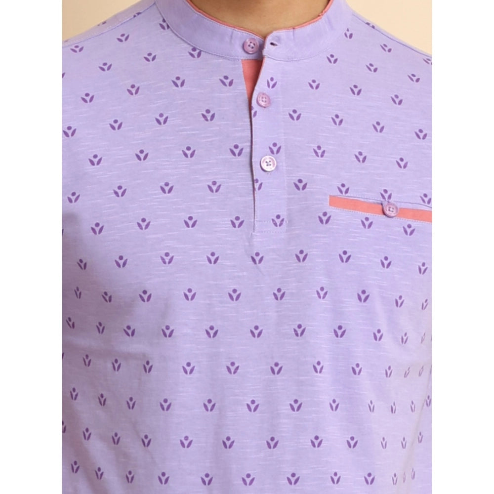 Lavender cotton printed mandarin collar half sleeve t-shirt for men's casual wear, vibrant pattern on display