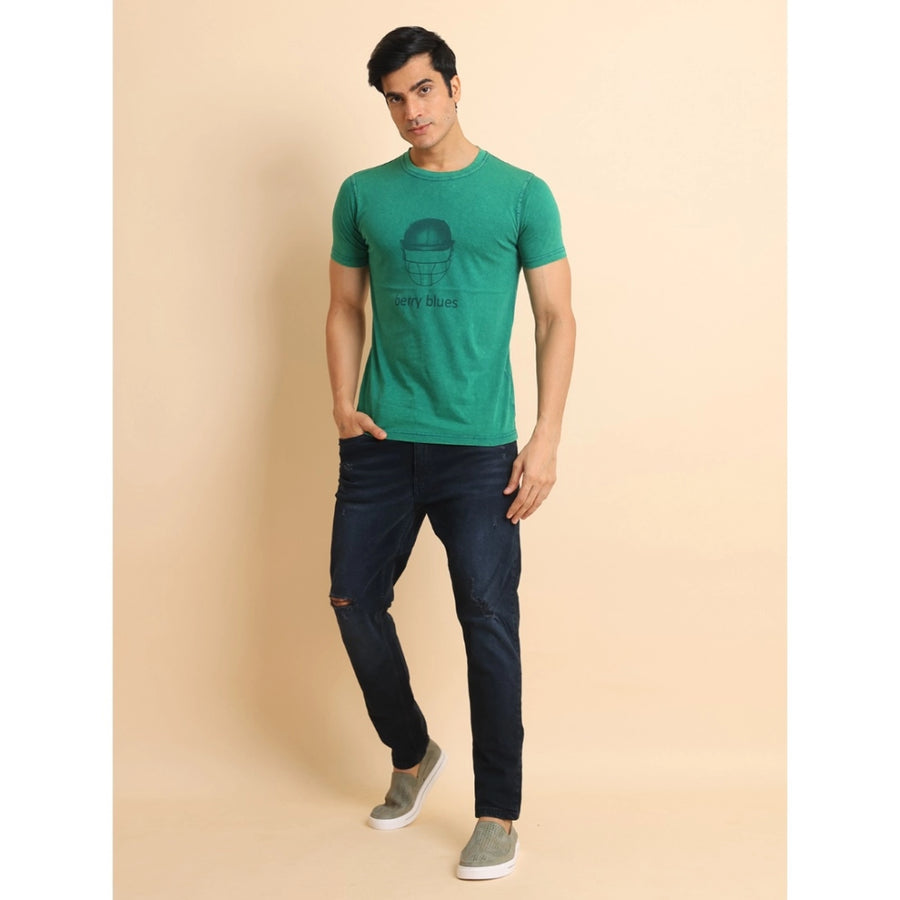 Green cotton printed round neck half sleeve t-shirt for men's casual wear, vibrant design on chest