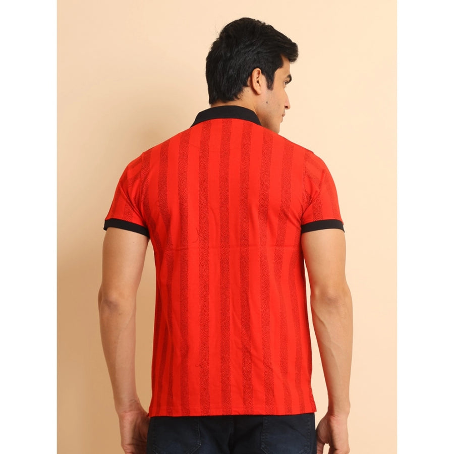 Red cotton printed polo neck half sleeve t-shirt for men, casual style on mannequin
