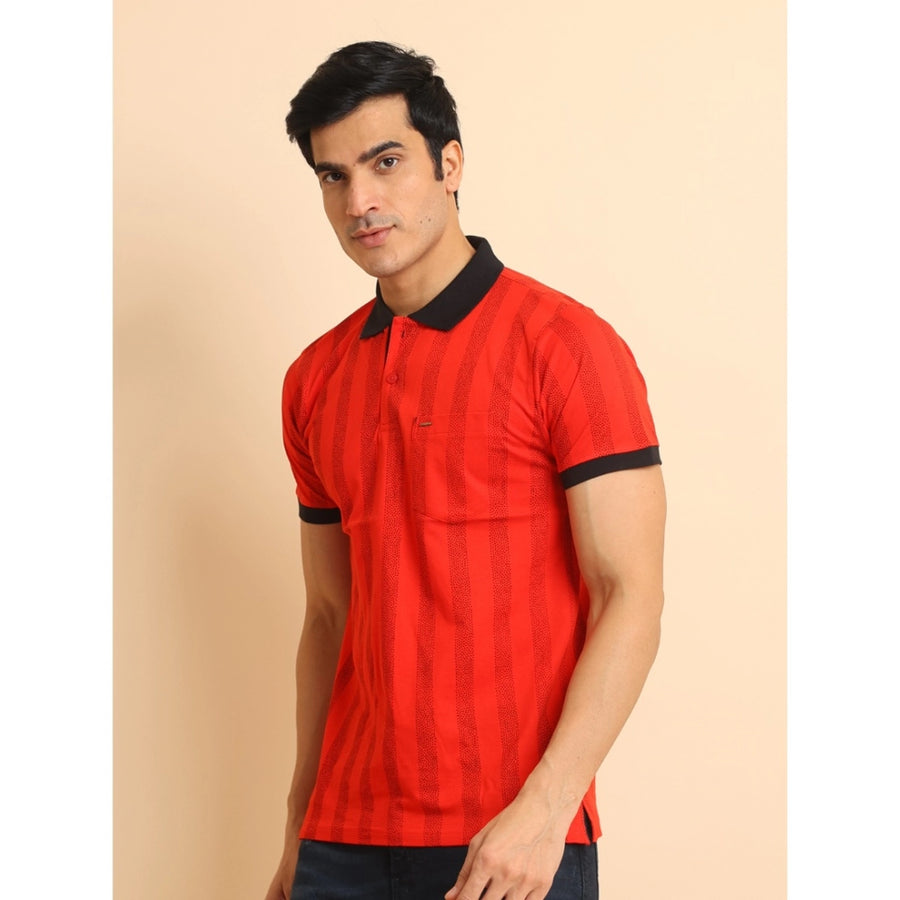 Red cotton printed polo neck half sleeve t-shirt for men, casual fashion style on mannequin