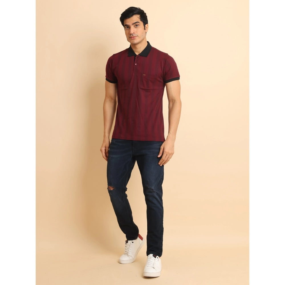 Plum cotton printed polo neck half sleeve men's casual t-shirt