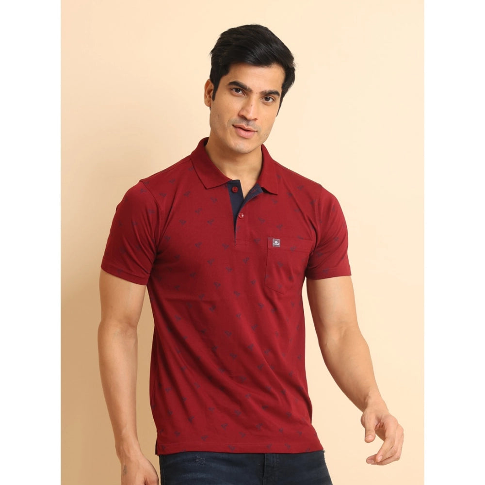 Red cotton printed polo neck half sleeve t-shirt for men's casual wear