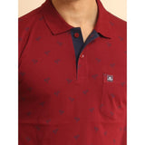 Men's casual cotton printed red polo neck half sleeve t-shirt with vibrant pattern detail