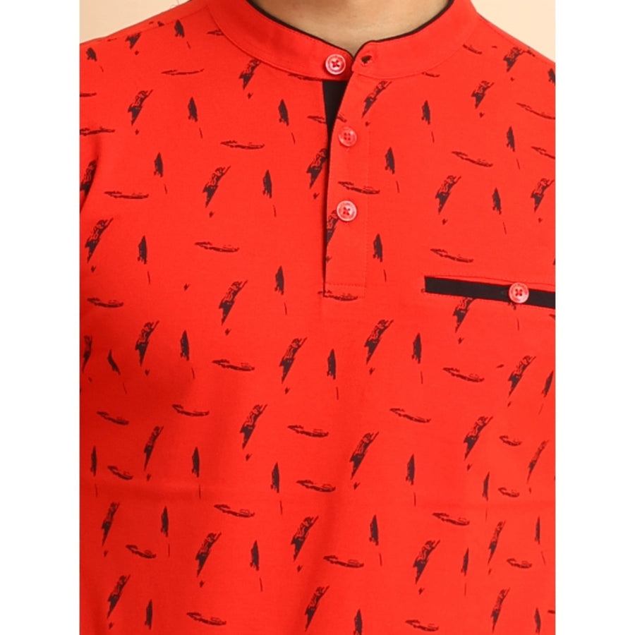 Red cotton printed men's casual half sleeve mandarin collar t-shirt with colorful design
