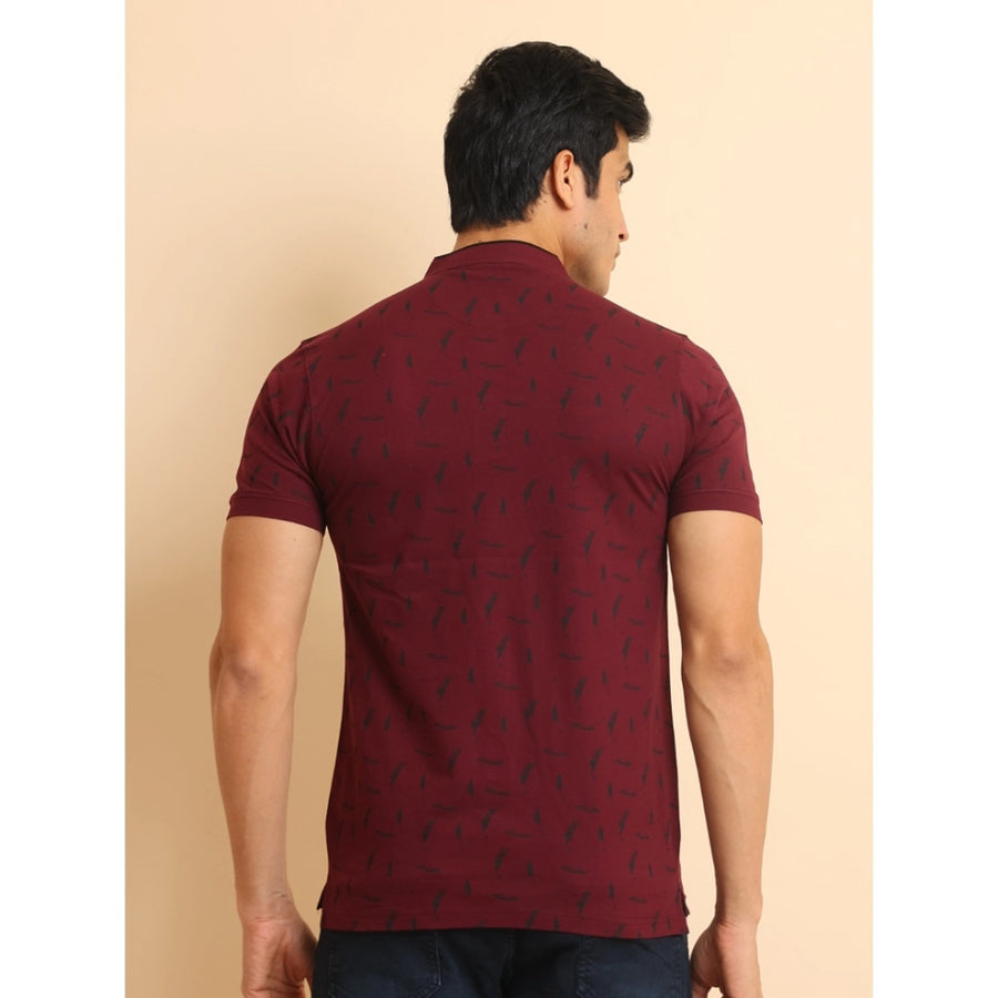 Plum cotton printed mandarin collar half sleeve men's casual t-shirt with vibrant design
