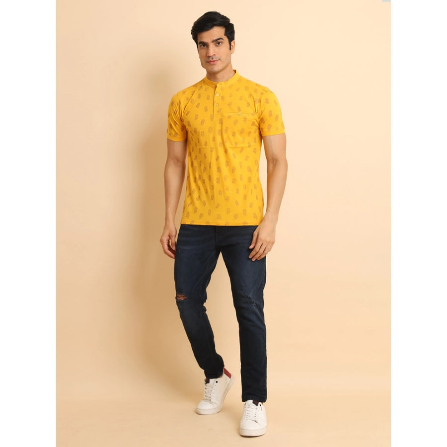 Men's casual cotton mustard printed mandarin collar half sleeve t-shirt with vibrant pattern detail