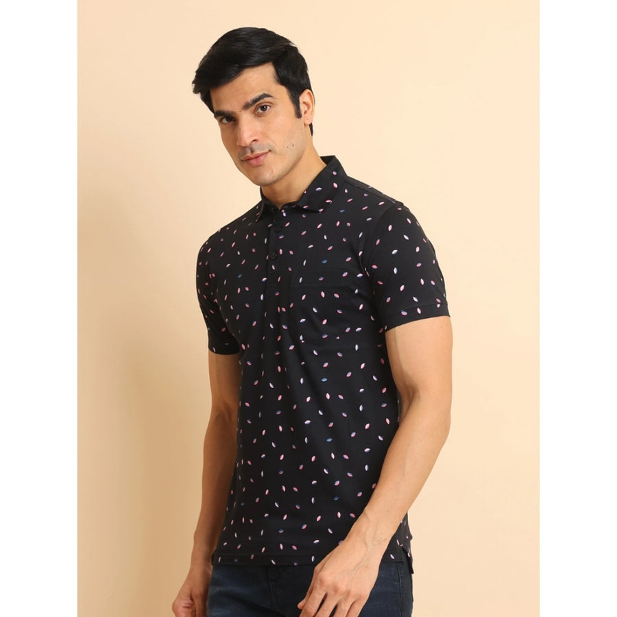 Black cotton printed polo neck half sleeve t-shirt with casual design