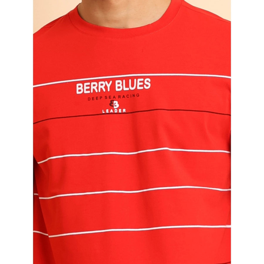 Red cotton printed men's casual round neck half sleeve t-shirt with vibrant pattern