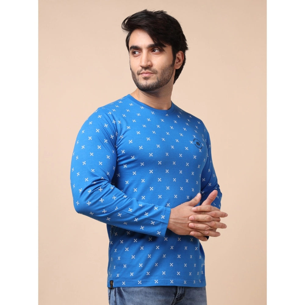 Blue cotton printed round neck full sleeve men's t-shirt with vibrant pattern detail