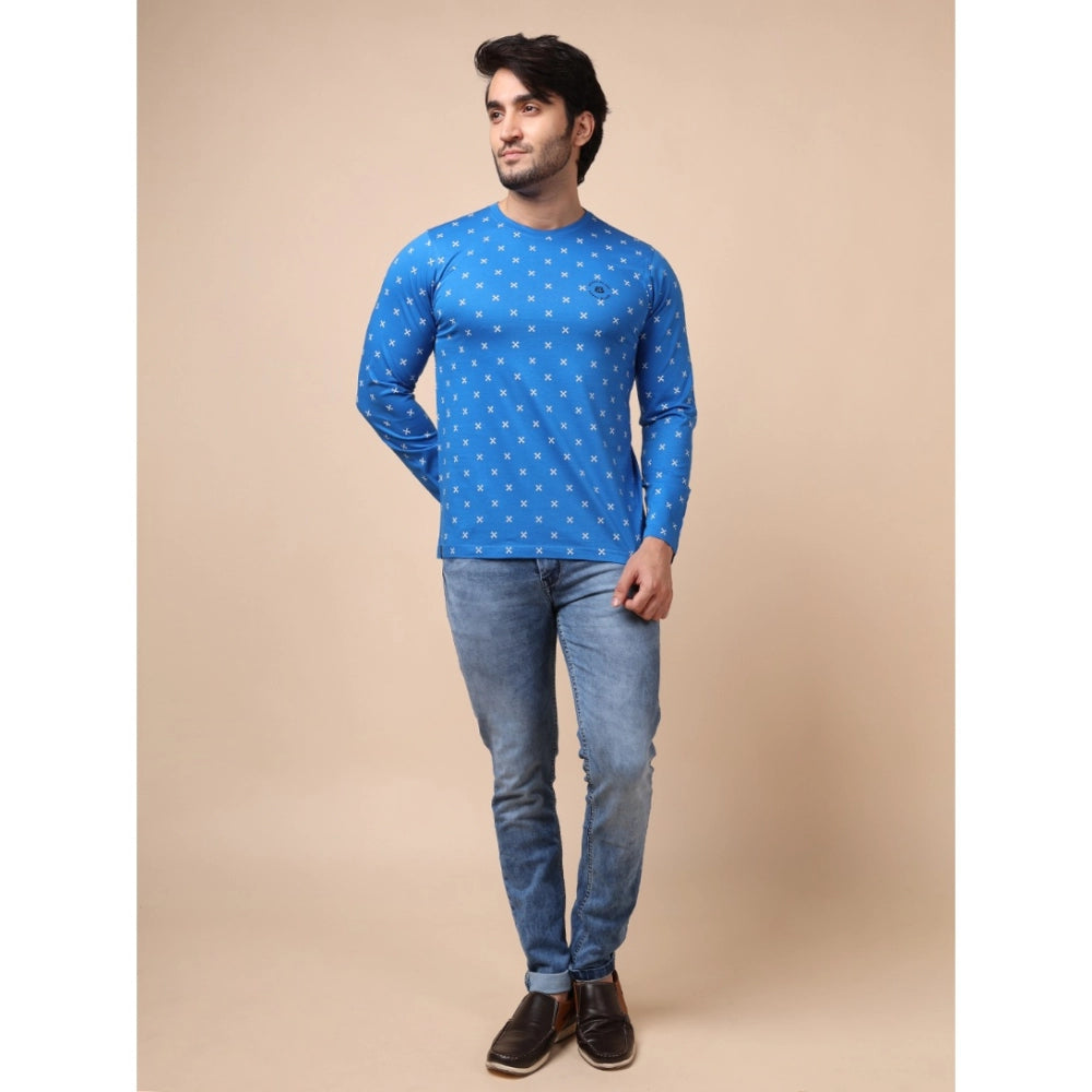 Blue cotton printed round neck full sleeve t-shirt for men - casual fashion accessory on hanger