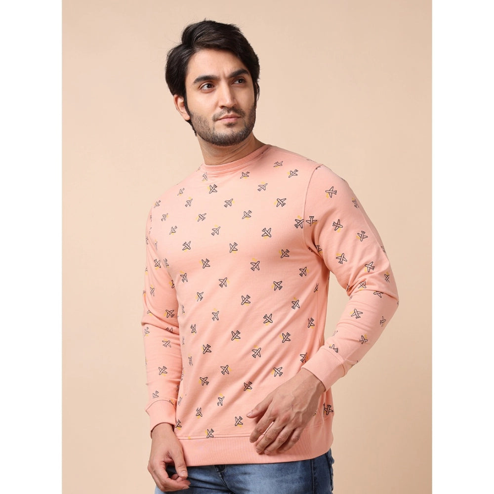 Men's Casual Cotton Printed Round Neck Full Sleeve Sweat T-Shirt (Peach)