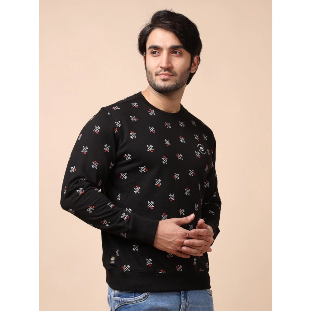 Men's Casual Cotton Printed Round Neck Full Sleeve Sweat T-Shirt (Black)