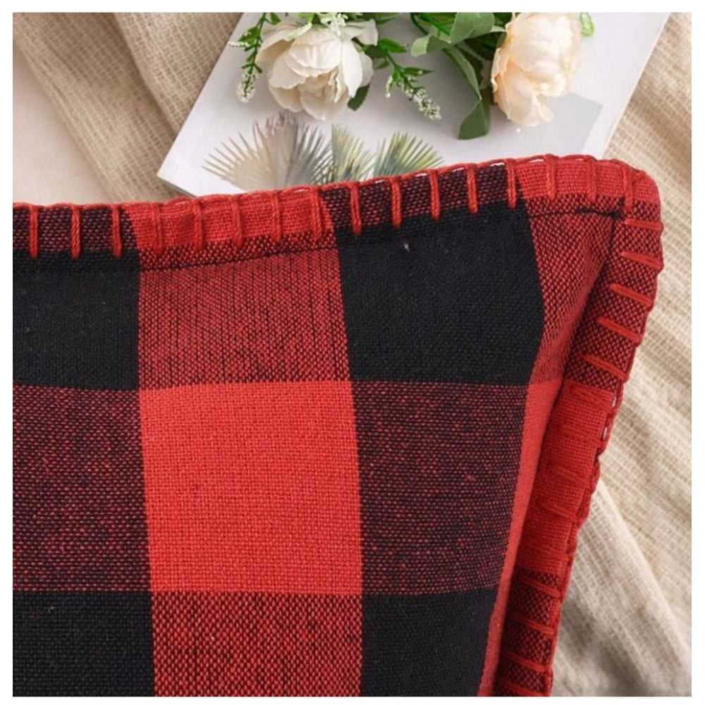 Red & black cotton checkered cushion cover with blanket stitch (12x20 in)
