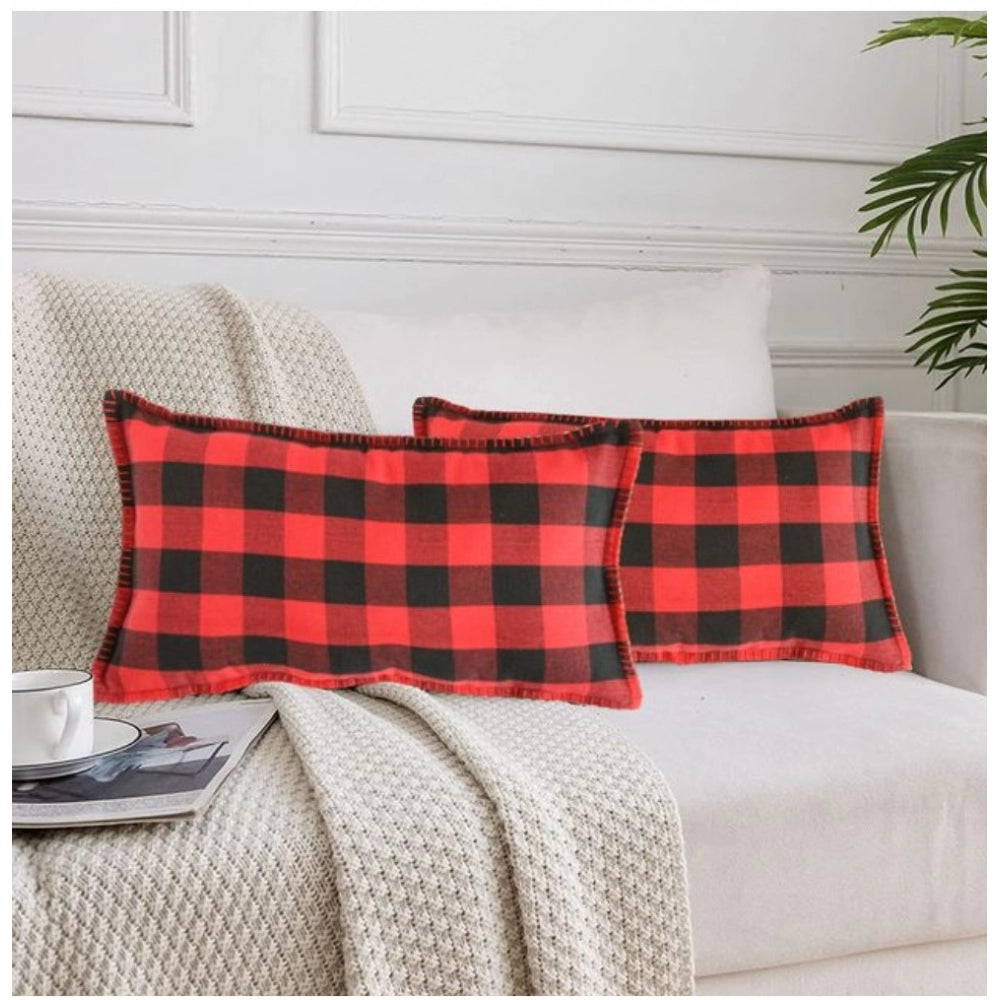 Red & black cotton checkered cushion cover with blanket stitch, size 12x20in for home decor