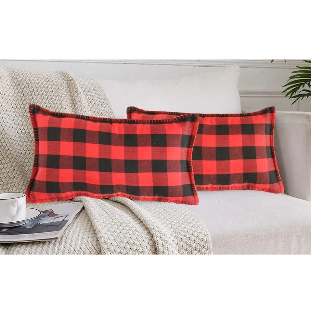 Red and black cotton checkered cushion cover with blanket stitch (12x20in)
