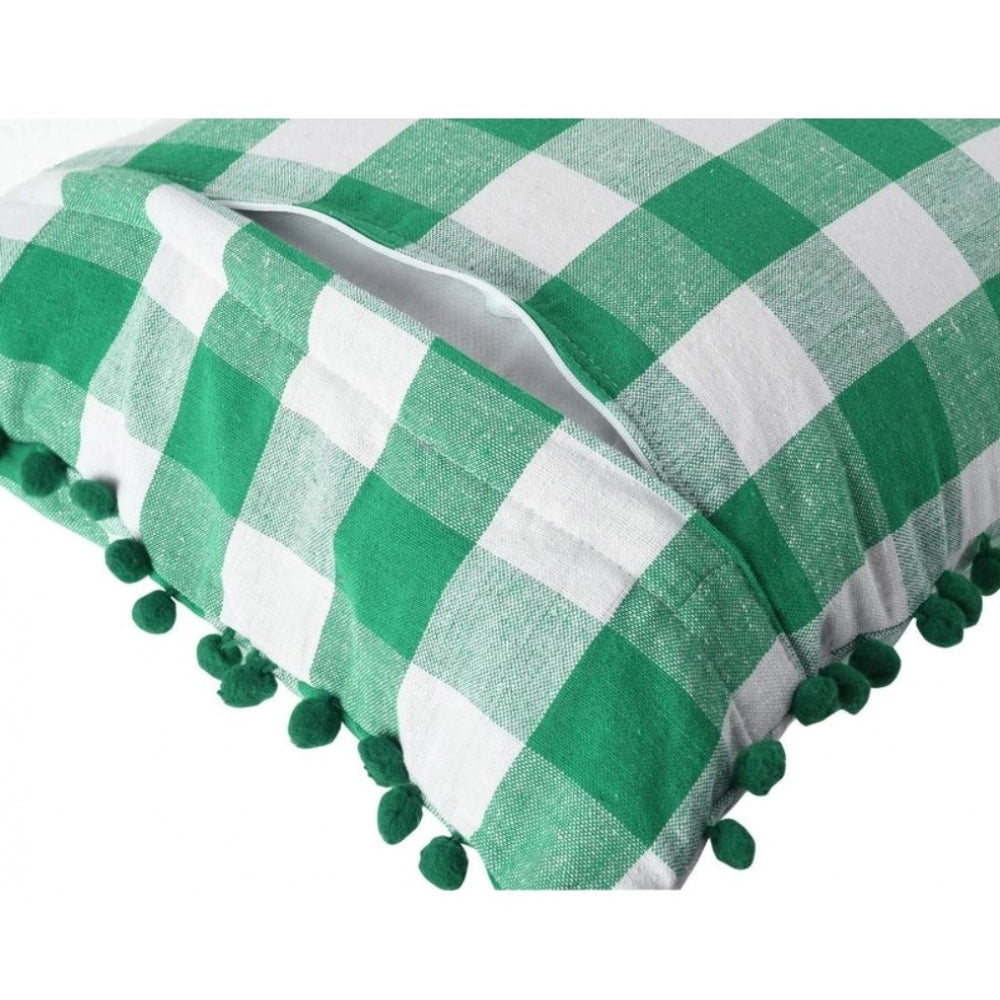 Green cotton checkered cushion cover with pom pom, size 12x20in - pack of 2 for home decor