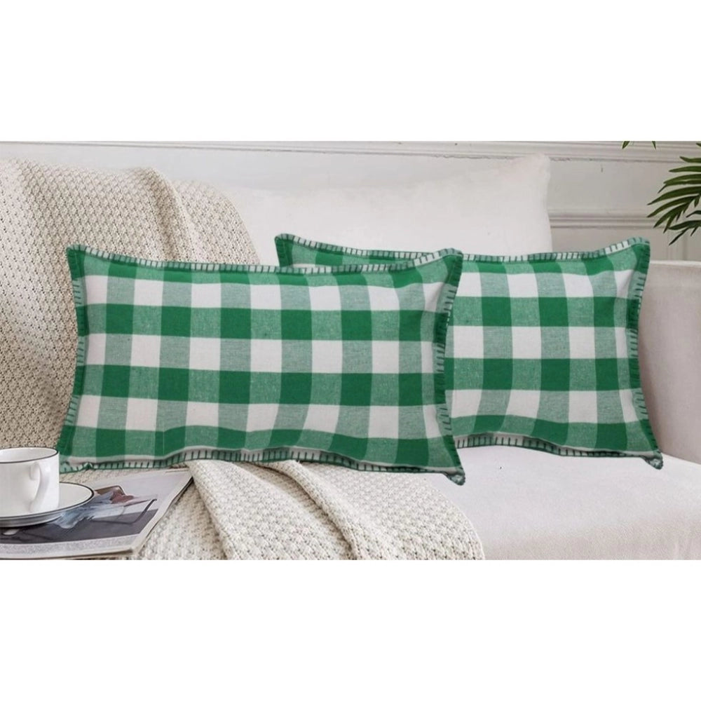 Green cotton checkered cushion cover with blanket stitch (size 12x20in)