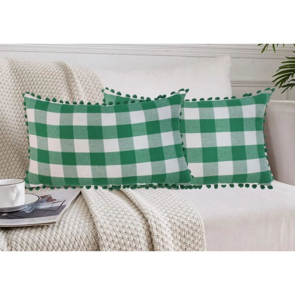 Green cotton checkered cushion cover with pom-pom, size 12x20 inches for two sofas