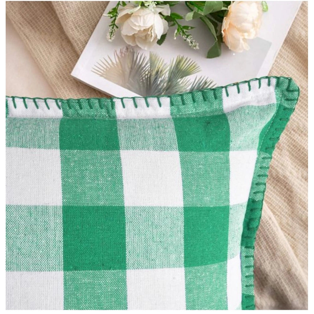 Green cotton checkered cushion cover set, blanket stitch design (2 pieces, size 12x20 inches)