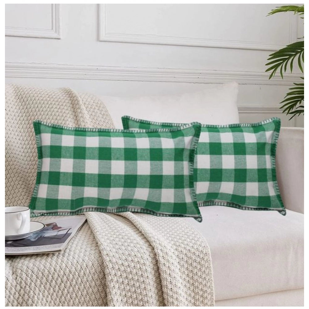Green cotton checkered cushion cover with blanket stitch (2 pack, 12x20in)