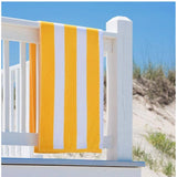 Black knit bath towel. Soft cotton, yellow and white stripes.