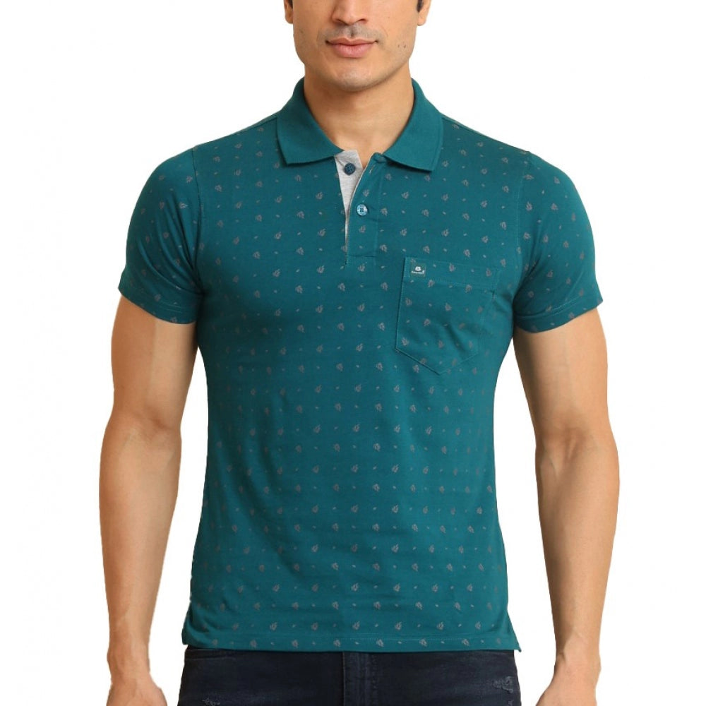 Green cotton printed polo neck half sleeve t-shirt for men's casual wear