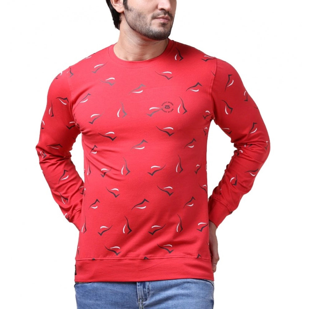 Men's Casual Cotton Printed Round Neck Full Sleeve T-Shirt (Red)