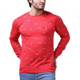 Men's Casual Cotton Printed Round Neck Full Sleeve T-Shirt (Red)