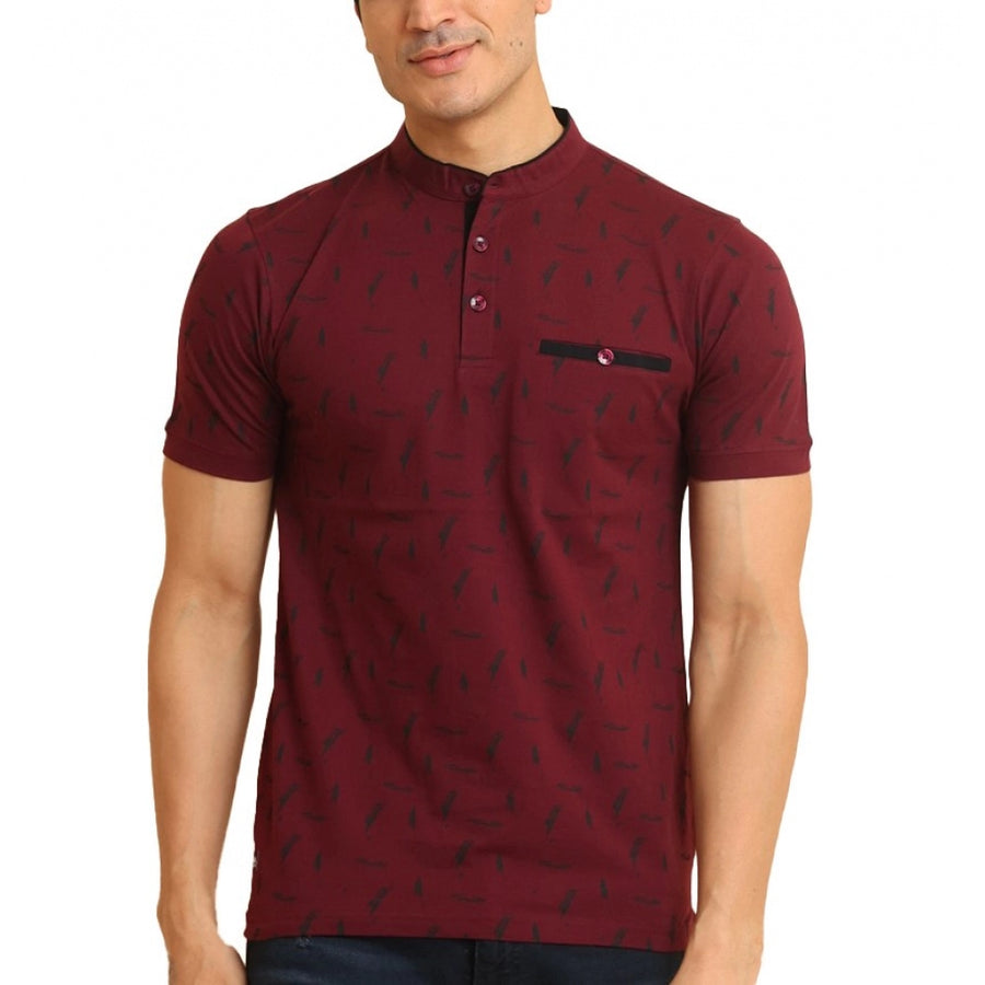 Plum cotton printed mandarin collar half sleeve men's casual t-shirt with vibrant pattern detail