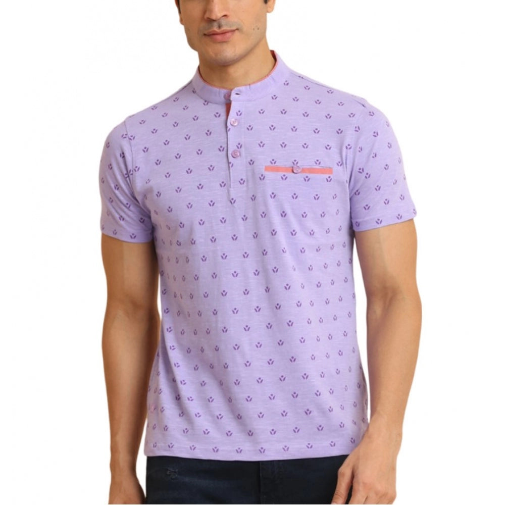 Lavender cotton printed mandarin collar half sleeve men's casual t-shirt with vibrant pattern detail