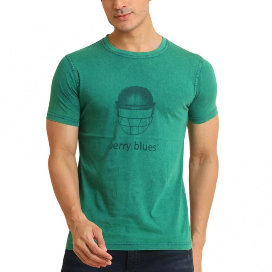 Green cotton printed round neck half sleeve men's casual t-shirt with vibrant graphic design