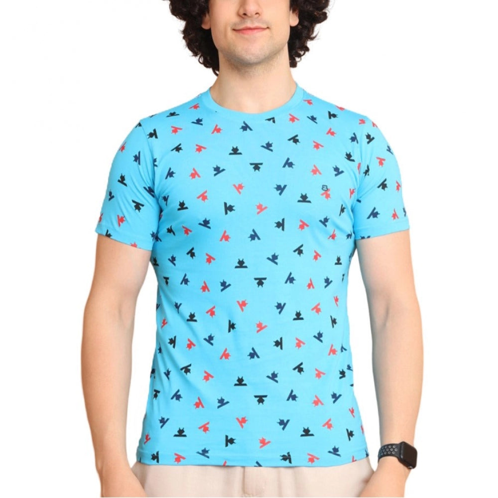 Skyblue cotton printed men's casual round neck half sleeve t-shirt with vibrant design