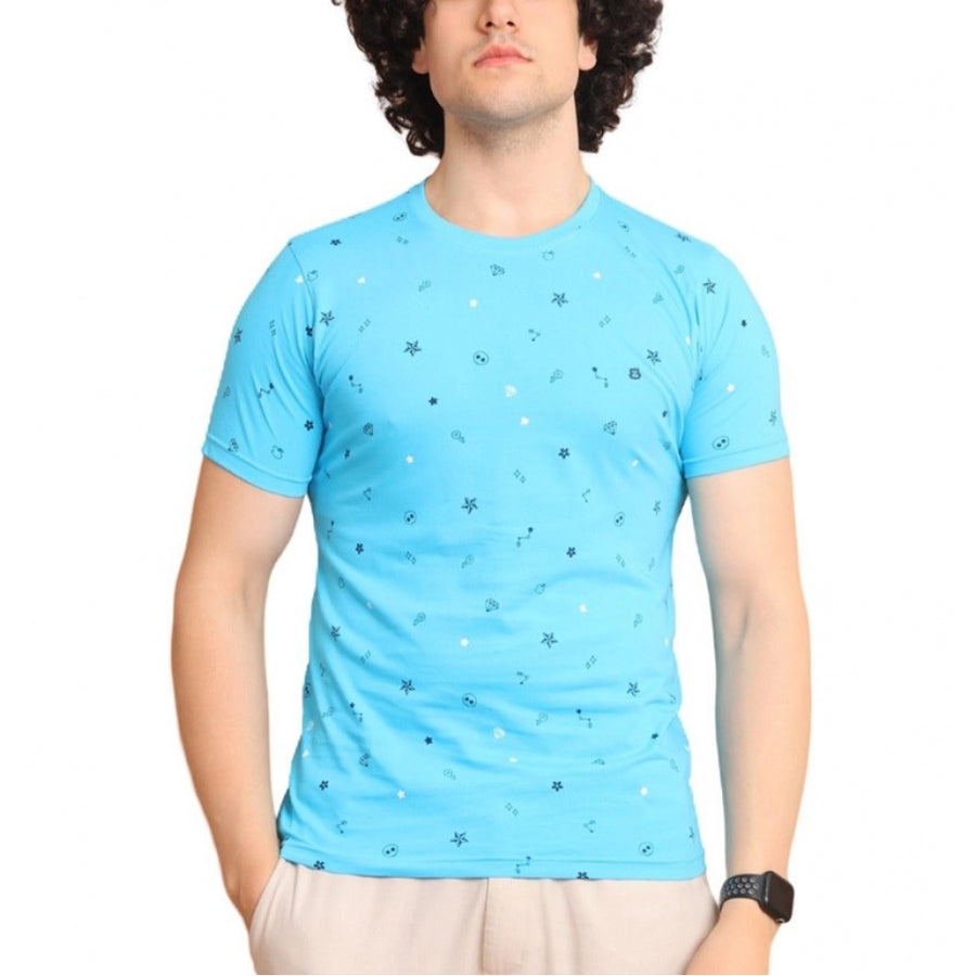 Skyblue cotton printed round neck half sleeve men's casual t-shirt with vivid pattern detail
