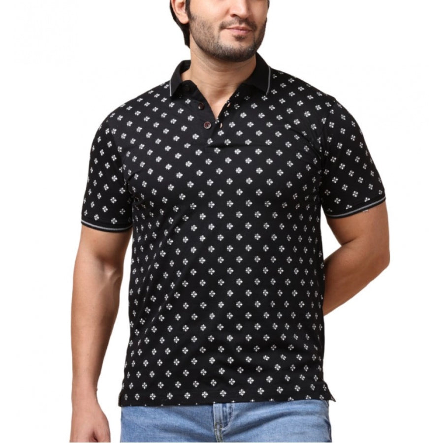 Black cotton printed polo neck half sleeve t-shirt for men - casual style with distinctive pattern detail