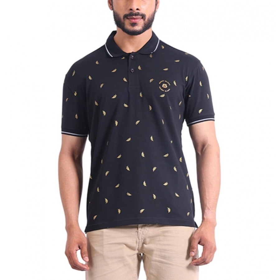 Black cotton printed polo neck half sleeve t-shirt with casual style