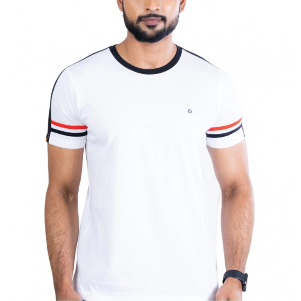 White cotton printed men's casual round neck half sleeve t-shirt with vibrant design