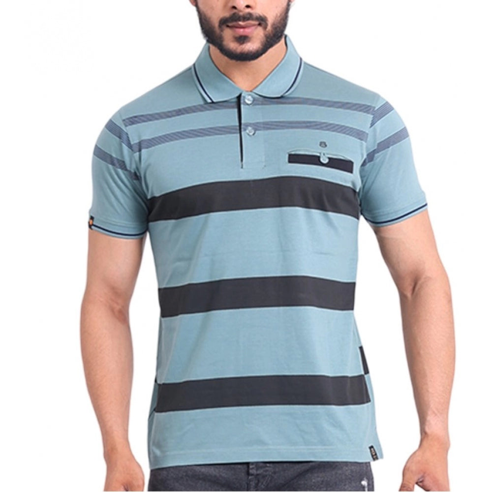 Green cotton printed polo neck half sleeve t-shirt for men's casual wear