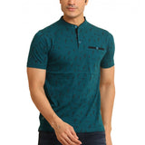 Green cotton printed mandarin collar half sleeve men's casual t-shirt with vibrant design on chest