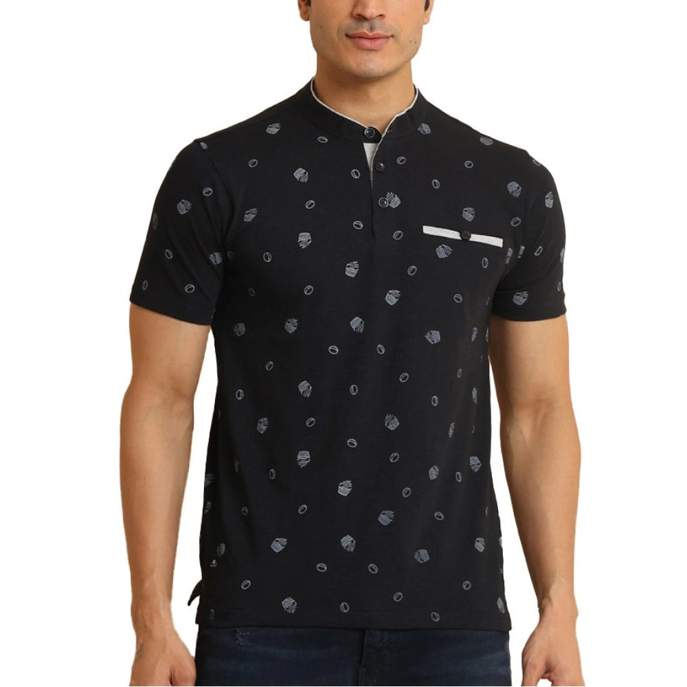 Black cotton printed men's casual half sleeve mandarin collar t-shirt with vibrant pattern design