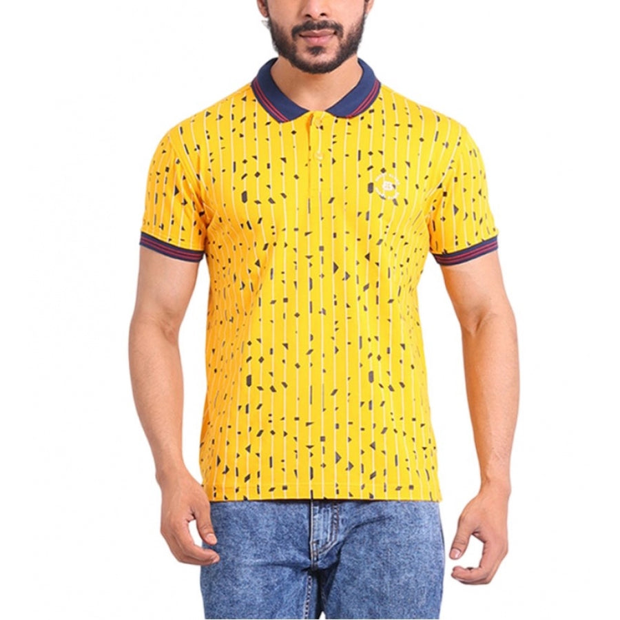 Men's casual cotton turmeric printed polo neck half sleeve T-shirt with vibrant color detail