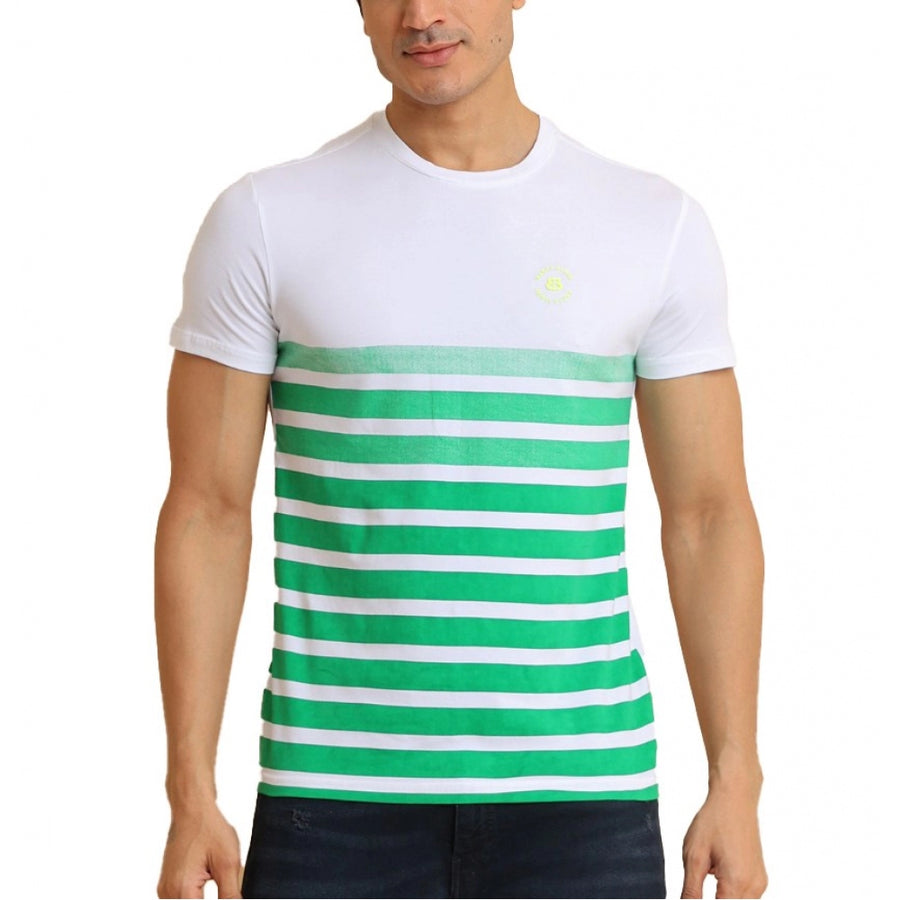 Green cotton printed round neck half sleeve t-shirt for men, casual wear with graphic design